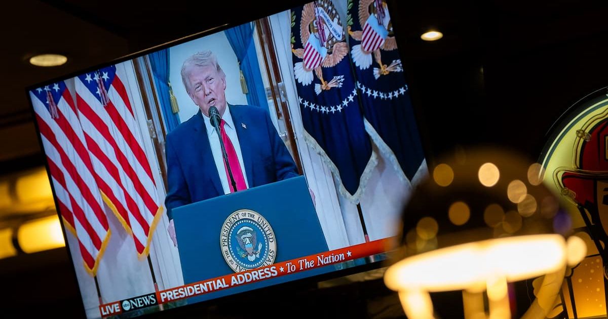 US President Donald Trump makes a national address on television on April 1, 2026 in New York City. ( Adam Gray/Getty Images)