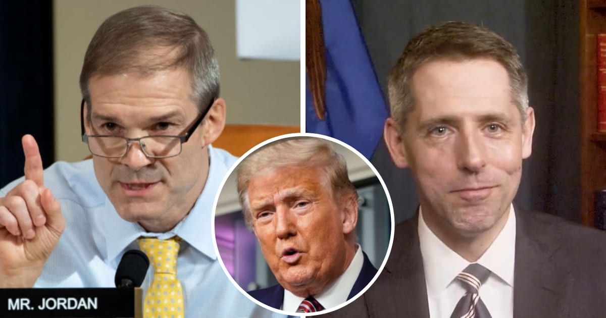 Rep Jim Jordan demanded the records of Matthew Colangelo, a former DOJ official prosecuting Donald Trump in his NY criminal trial (Getty Images, Department of Justice)