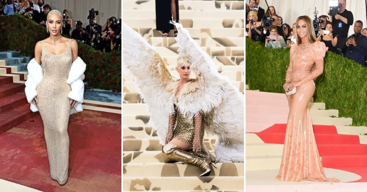 Kim Kardashian in 2022, Katy Perry in 2018, and Beyonce in 2016 stun in their outfits for the Met Gala (Dimitrios Kambouris/Getty Images for The Met Museum/Vogue, Gilbert Carrasquillo/GC Images and George Pimentel/WireImage)