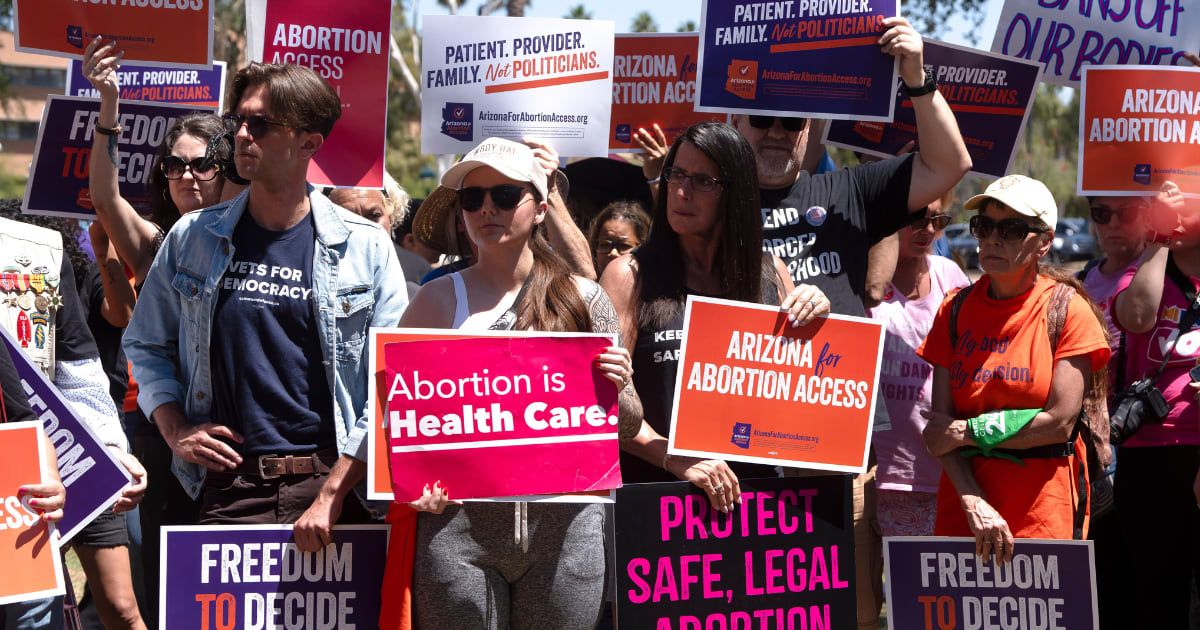 Abortion activists hold a press conference and protest condemning Arizona House Republicans and the 1864 abortion ban on April 17, 2024, in Phoenix, Arizona (Rebecca Noble/Getty Images)