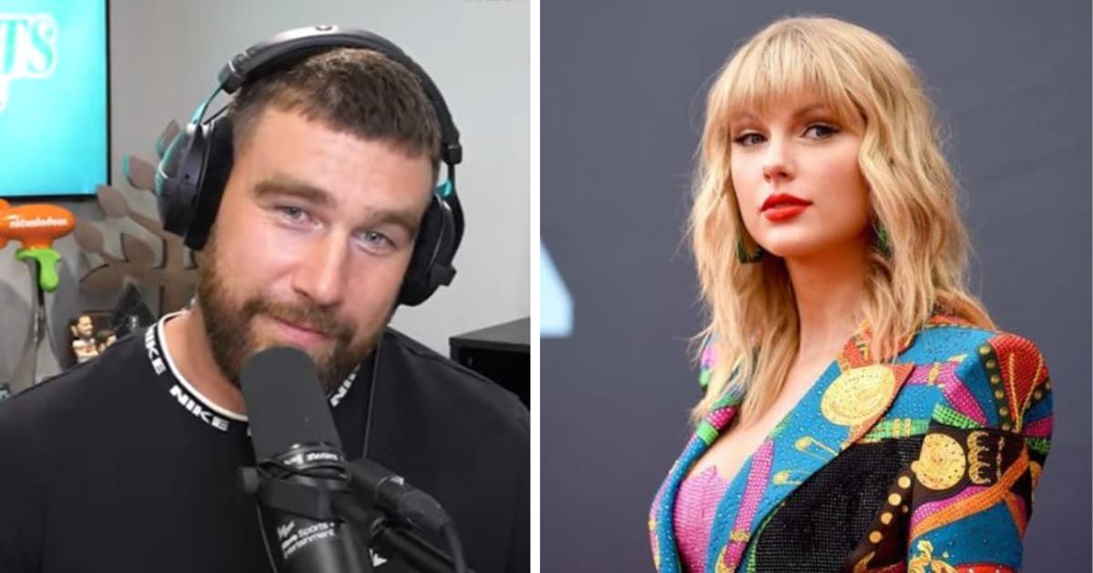 Travis Kelce revealed on the 'New Heights' podcast that he stopped getting mail delivered amid his romance with Taylor Swift (screengrab/YouTube/NewHeights, Getty Images)