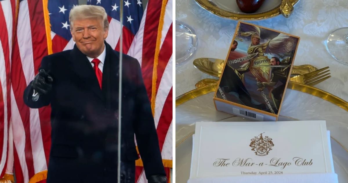 The peculiar 'indictment' cards featuring Donald Trump were first spotted during a fundraiser hosted at his Mar-a-Lago resort (Getty Images, Screengrab/MeidasTouch)