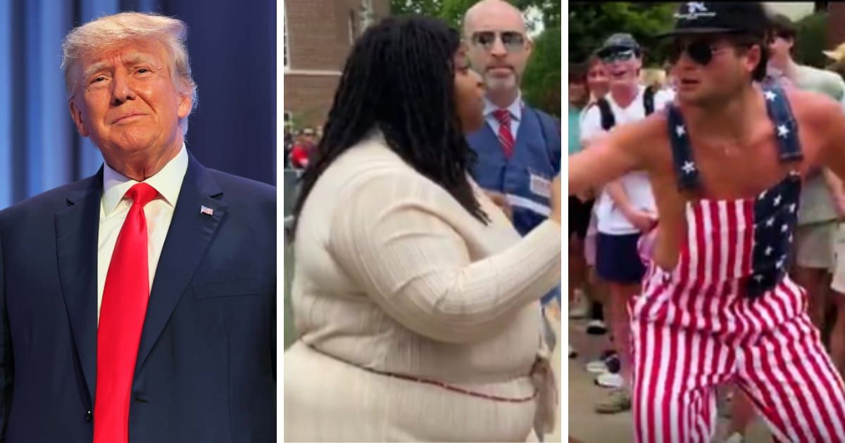 Trump's new campaign ad featured frat boys from the University of Mississippi who spewed racial insults against a Black woman (Getty Images, @realDonaldTrump/Truth Social, @StaceyJSpiehler/X)