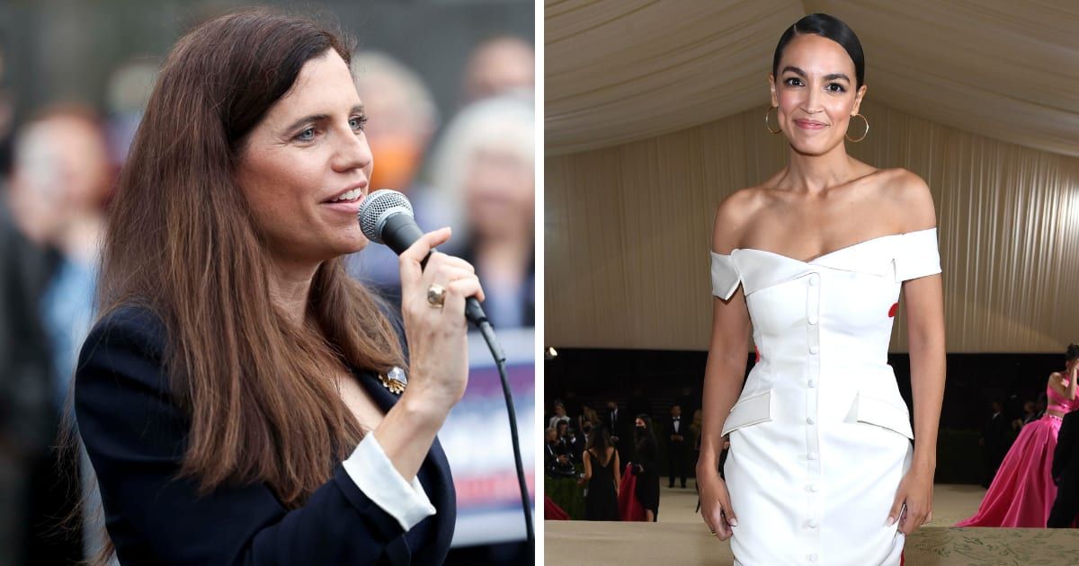 Nancy Mace doctored Alexandria Ocasio-Cortez's iconic 'Tax the Rich' dress from the 2019 Met Gala to instead read 'Tax the Universities' (Getty Images)