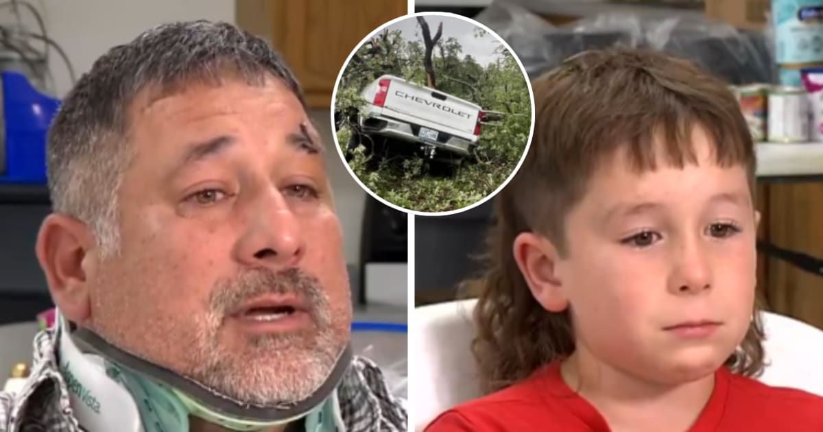 Branson Baker's father Wayne (L) said 'not many adults would have done what [his son] did' to save them from the tornado wreck (X/@GMA)