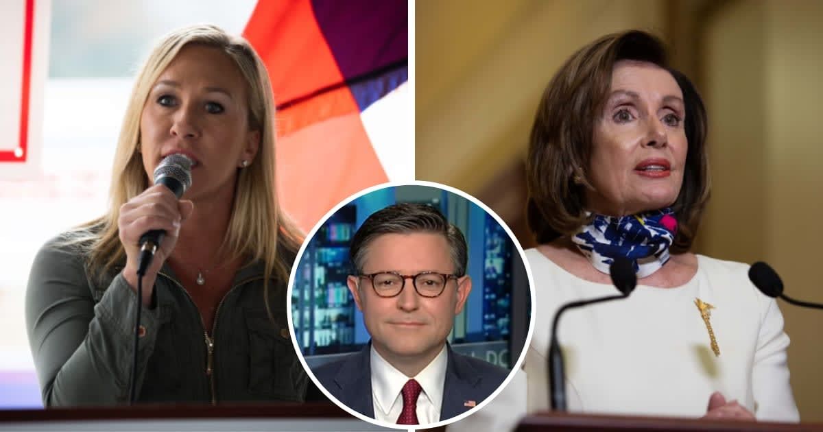 Marjorie Taylor Greene commented on Nancy Pelosi standing by Democratic leadership to back Speaker Mike Johnson on X (Getty Images, Screengrab/Fox News)