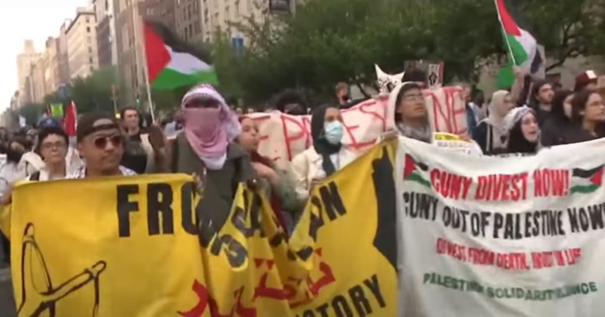 Pro-Palestinian protesters on their way toward the Met Gala venue on May 6, 2024 (Screengrab/Fox5)