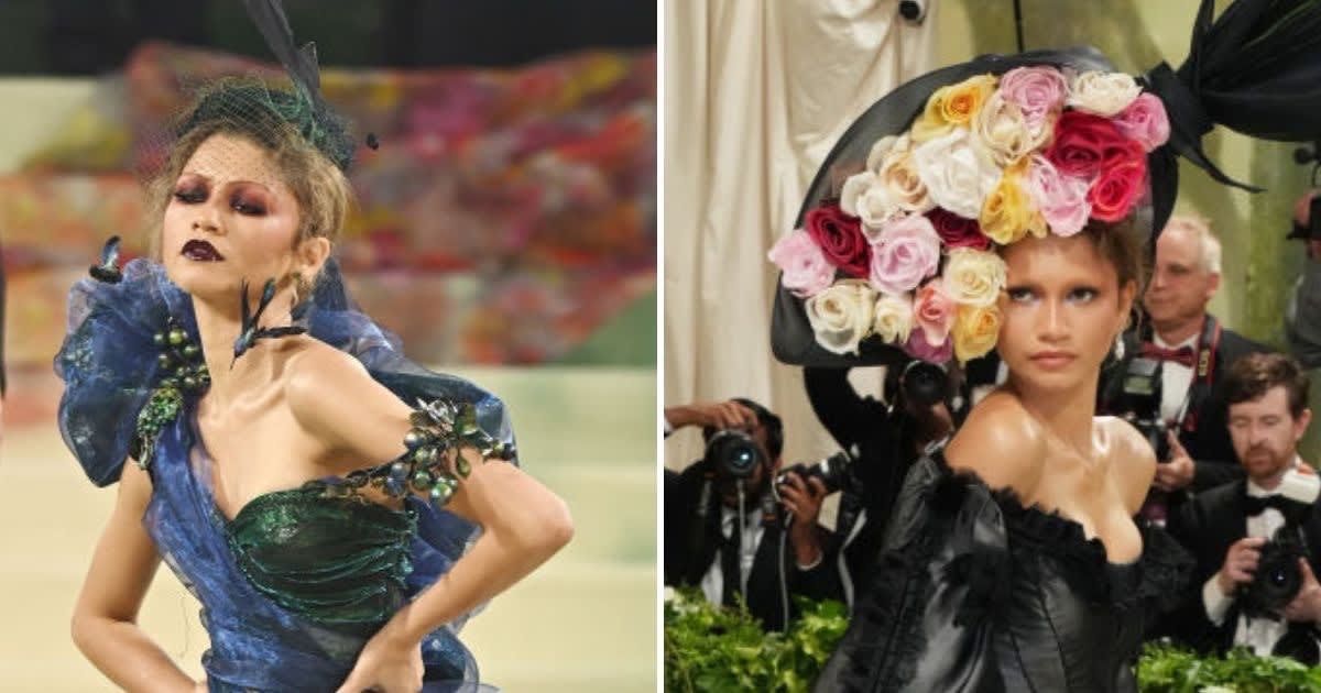 Zendaya made a dramatic change from an edgy gown to another with a floral headpiece at the Met Gala red carpet (Getty Images)