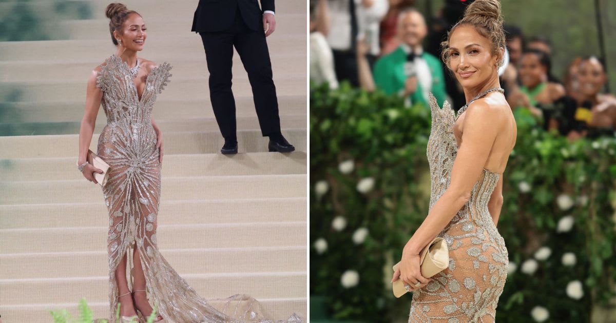 Jennifer Lopez exuded high spirits as she adorned a custom Schiaparelli Haute Couture gown (Rob Kim/GC Images, Dimitrios Kambouris/Getty Images)