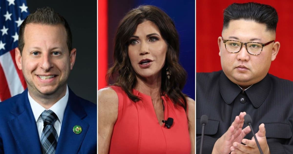 Jared Moskowitz (left) apologized for joking about Kristi Noem (center) and Kim Jong Un eating dog together (Congressman Jared Moskowitz, Getty Images)