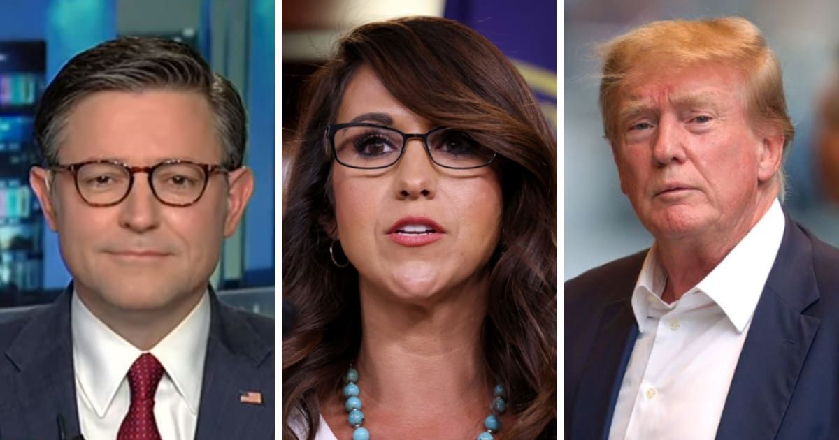 Rep Lauren Boebert (center) claimed ousting Speaker Mike Johnson (L) could endanger Donald Trump's (R) name staying on the ballot for the 2024 election (Screengrab/Fox News, Getty Images)