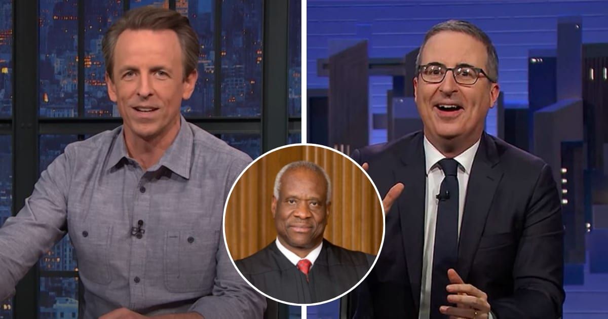 On Seth Meyers' show, John Oliver said he is willing to make an offer again to Supreme Court Justice Clarence Thomas (Late Night with Seth Meyers/ YouTube,  Last Week Tonight/YouTube, Getty Images)