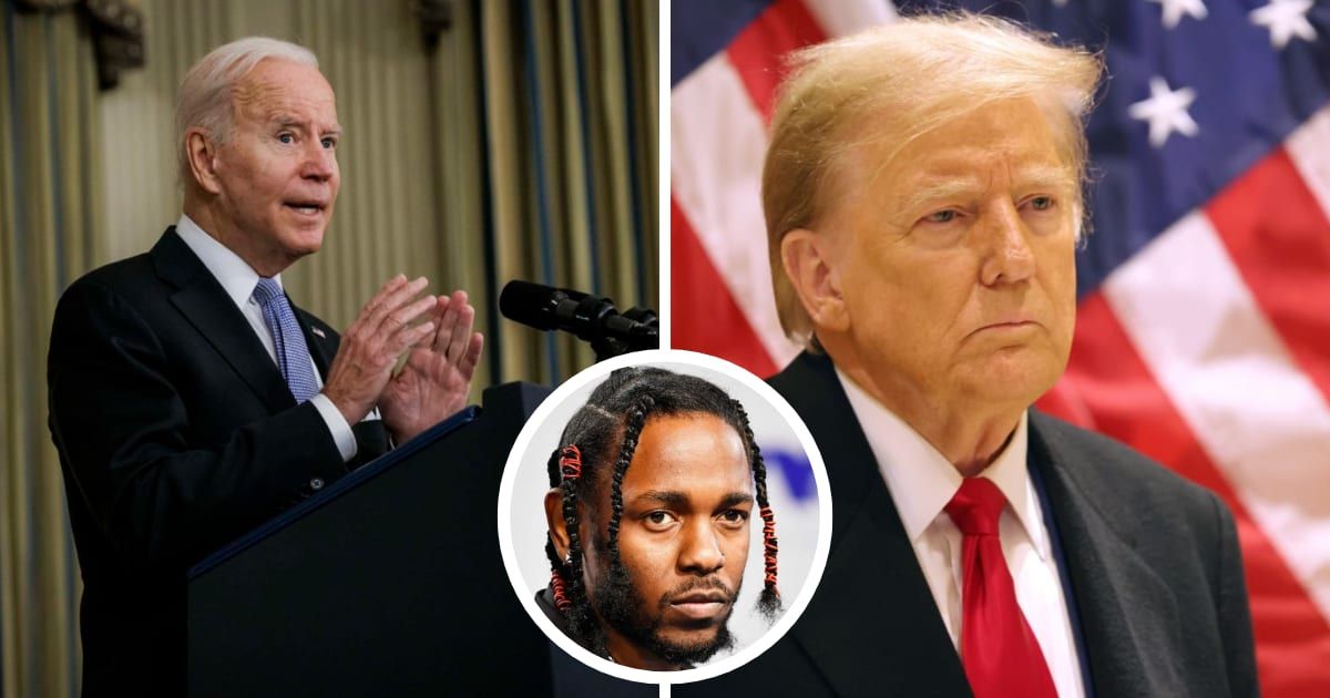 Joe Biden's (L) campaign team took a jab at Donald Trump (R) by repurposing lyrics from Kendrick Lamar's (M) highly popular diss track (Getty Images)
