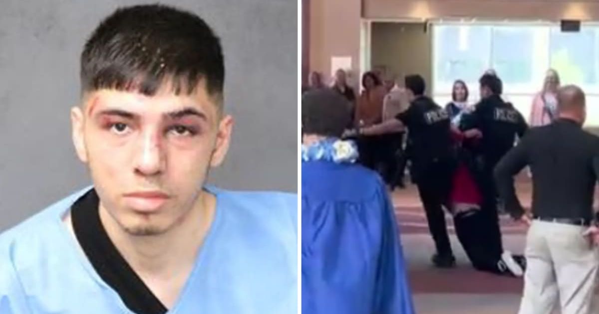 Cristian Bencomo, 21, has been accused of shooting his stepmother at a New Mexico charter school graduation (Bernalillo County Metropolitan Detention Center and KOB/screengrab)