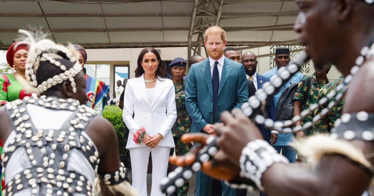 Prince Harry, Duke of Sussex and Meghan, Duchess of Sussex meet with the Chief of Defence Staff of Nigeria at the Defence Headquarters in Abuja on May 10, 2024, in Abuja, Nigeria (Andrew Esiebo/Getty Images for The Archewell Foundation)