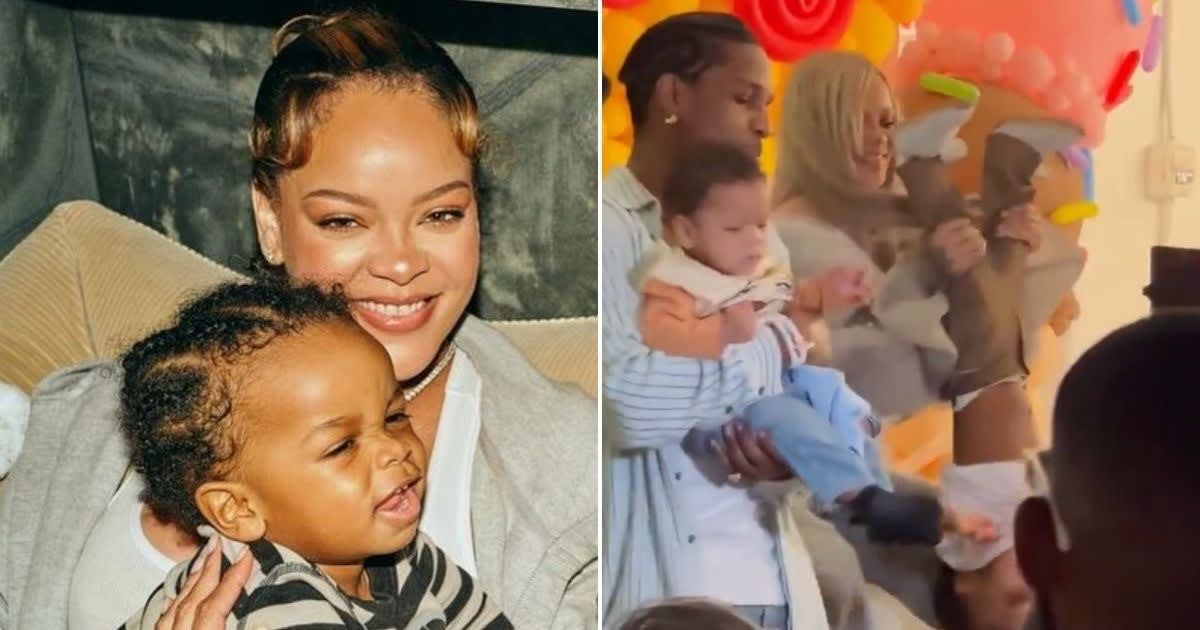 Rihanna was seen holding her child Rza upside down while celebrating his birthday in a video clip (@badgirlriri/Instagram and Hotist/X)