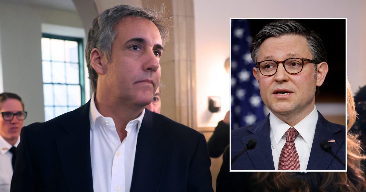 House Speaker Mike Johnson (inset) accused Trump's former personal attorney Michael Cohen (L) of being 'on a mission for personal revenge' against his ex boss (Getty Images)