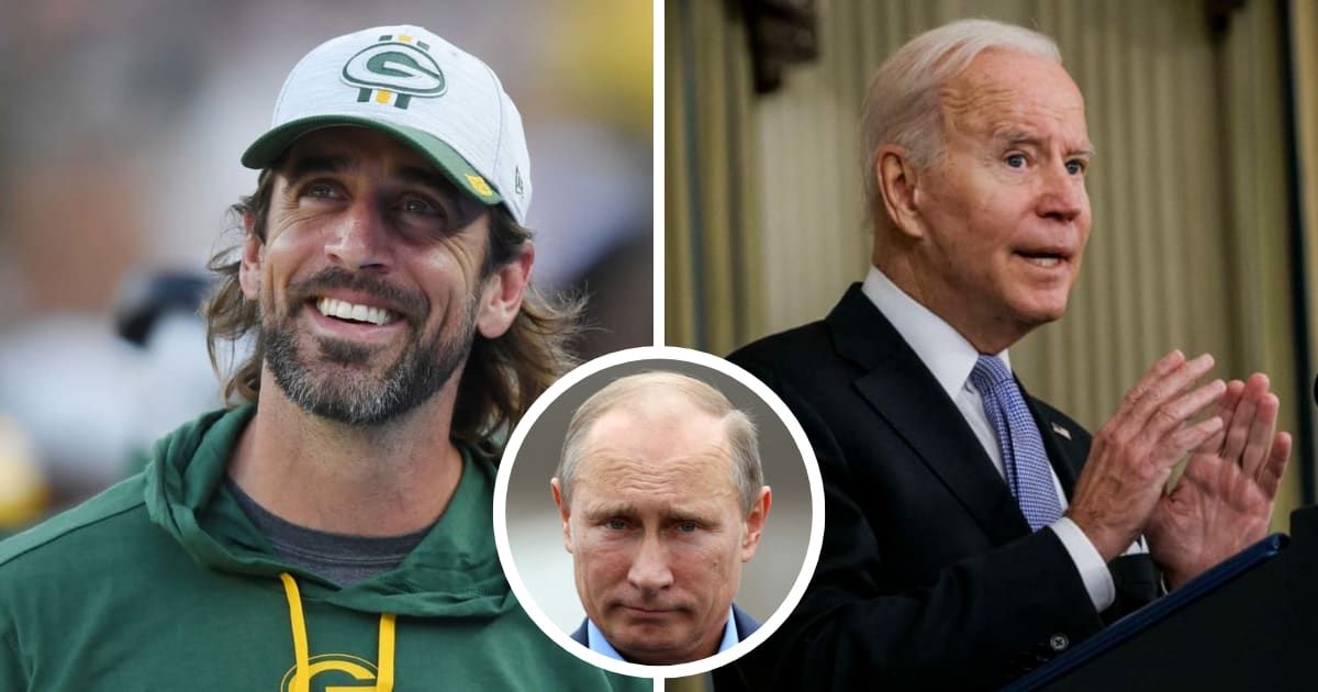 Aaron Rodgers (L) expressed a desire for Joe Biden (R) to mirror Vladimir Putin's (M) knowledge of history (Getty Images)