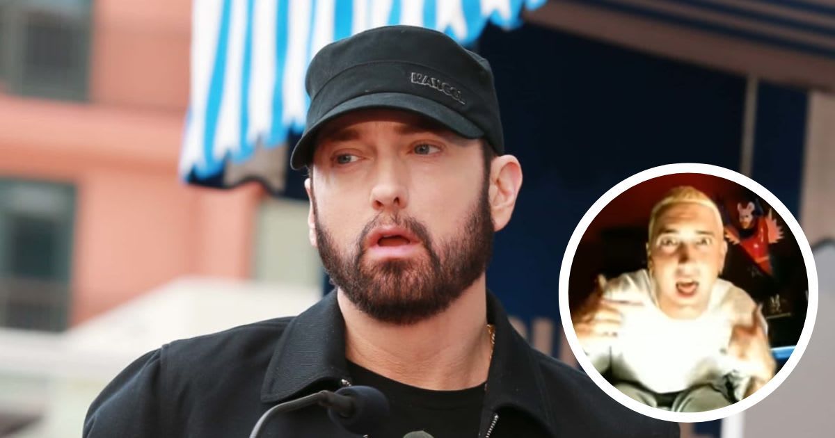 Eminem mourns Slim Shady's 'tortured existence' in a Detroit newspaper 'obituary' (Getty Images, Inset: EminemMusic/YouTube)