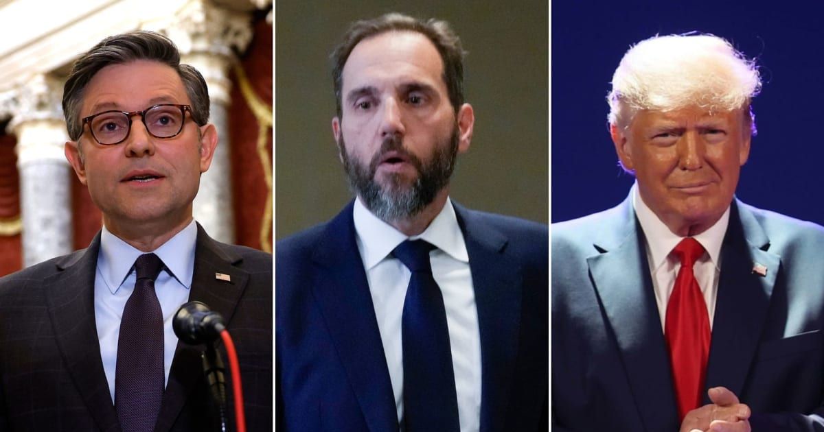 Mike Johnson (left) raised the prospect of cutting off funds to the US Office of Special Counsel after pledging to 'rein in' Special Counsel Jack Smith's (center) probe of Donald Trump (Kevin Dietsch/Getty Images, Drew Angerer/Getty Images, Getty Images)