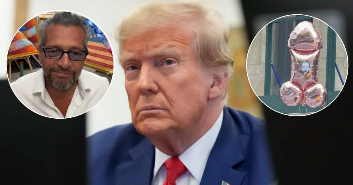 Pro-Donald Trump artist Scott Lobaido released 100 phallic balloons outside the hush money trial courtroom in New York City (Instagram @/scottlobaido, Getty Images, @LibbeyDean_/X)