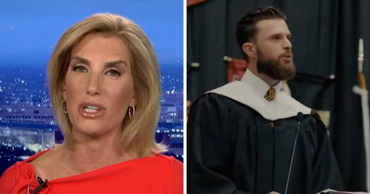 Fox News host Laura Ingraham shifted her stance on athlete activism, praising Kansas City Chiefs kicker Harrison Butker for his politically-charged commencement speech (Fox News/screengrab)