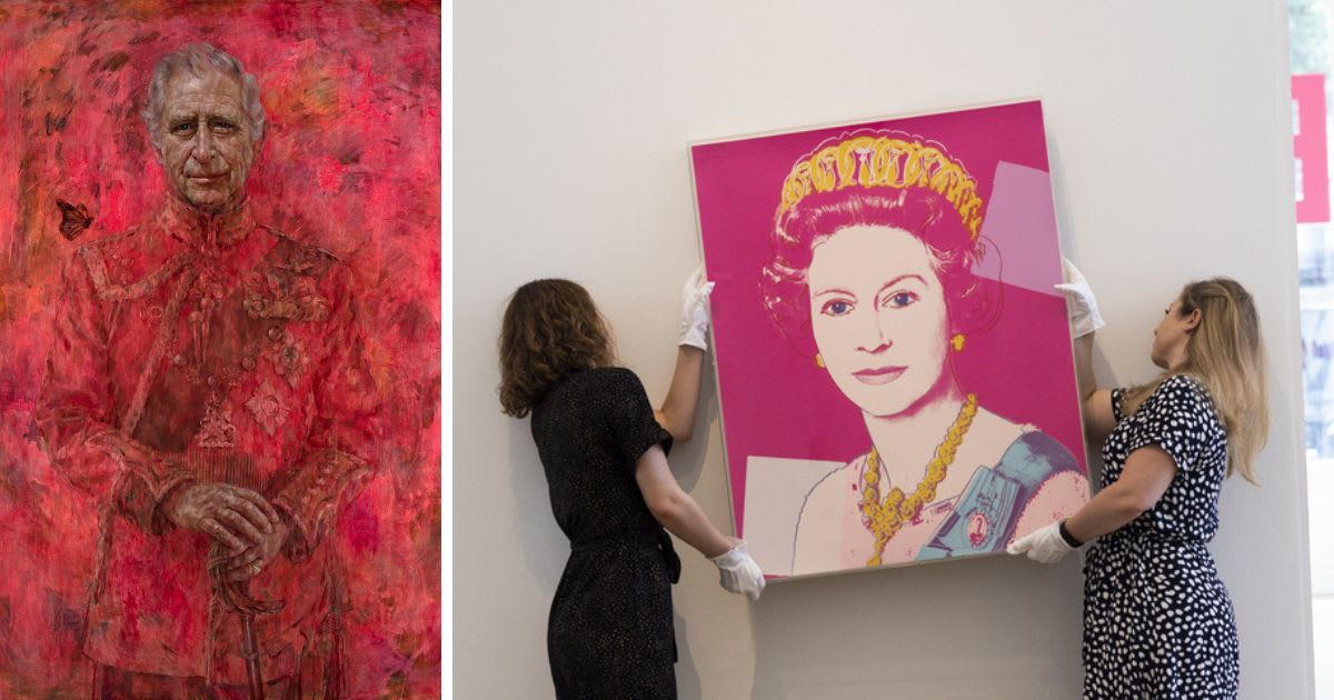 The fiery red painting of King Charles III by British artist Jonathan Yeo and  Queen Elizabeth II's portrait by Andy Warhol (X/@RoyalFamily, Dan Kitwood/Getty Images)