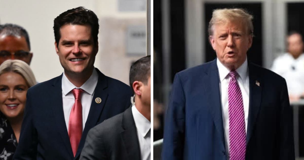 Rep Matt Gaetz parroted Donald Trump's call to extremist Proud Boys group after supporting the ex-president at the hush money trial (Angela Weiss-Pool, Maansi Srivastava - Pool/Getty Images)