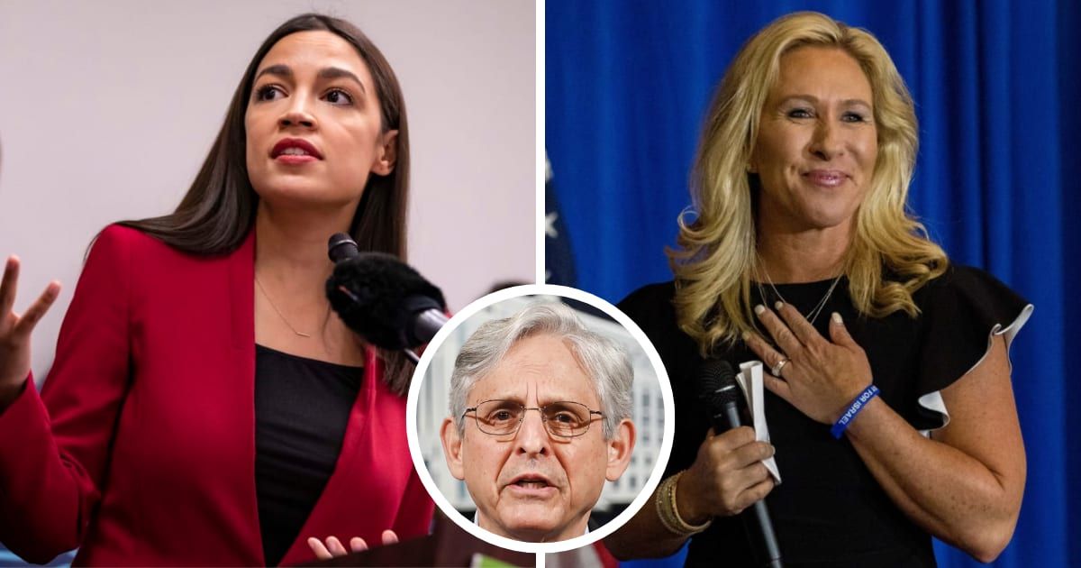 What began as a contempt hearing for Garland (M) quickly spiraled into a firestorm of personal insults between AOC (L) and Greene (R) (Getty Images)