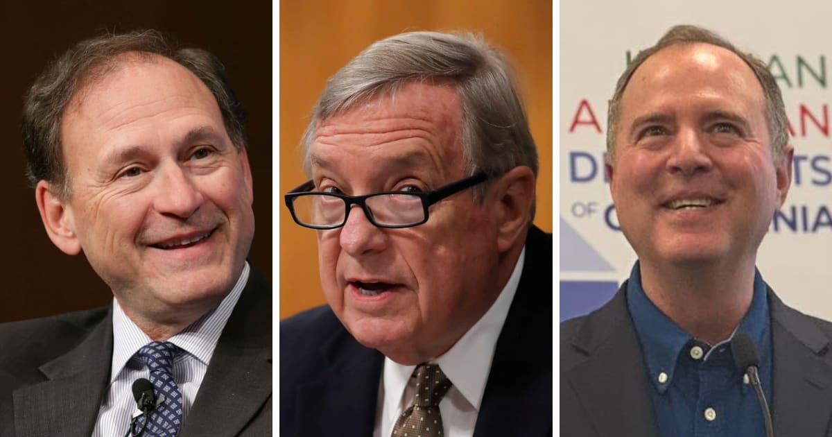 Justice Samuel Alito faces pressure from Democratic lawmakers like Dick Durbin and Adam Schiff to step away from 2020 election-related cases (Getty Images, Adam Schiff/Facebook)