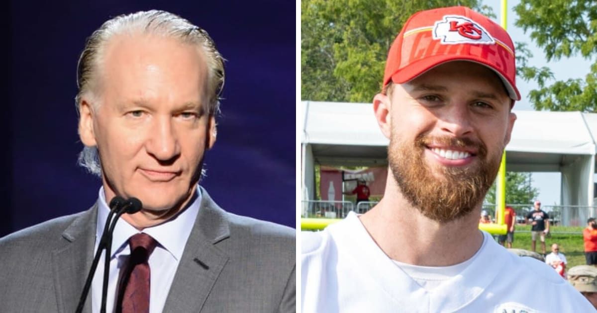 Bill Maher rejected the outrage aimed at Kansas City Chiefs kicker Harrison Butker (Getty Images, Airman 1st Class William Lunn via Wikipedia)