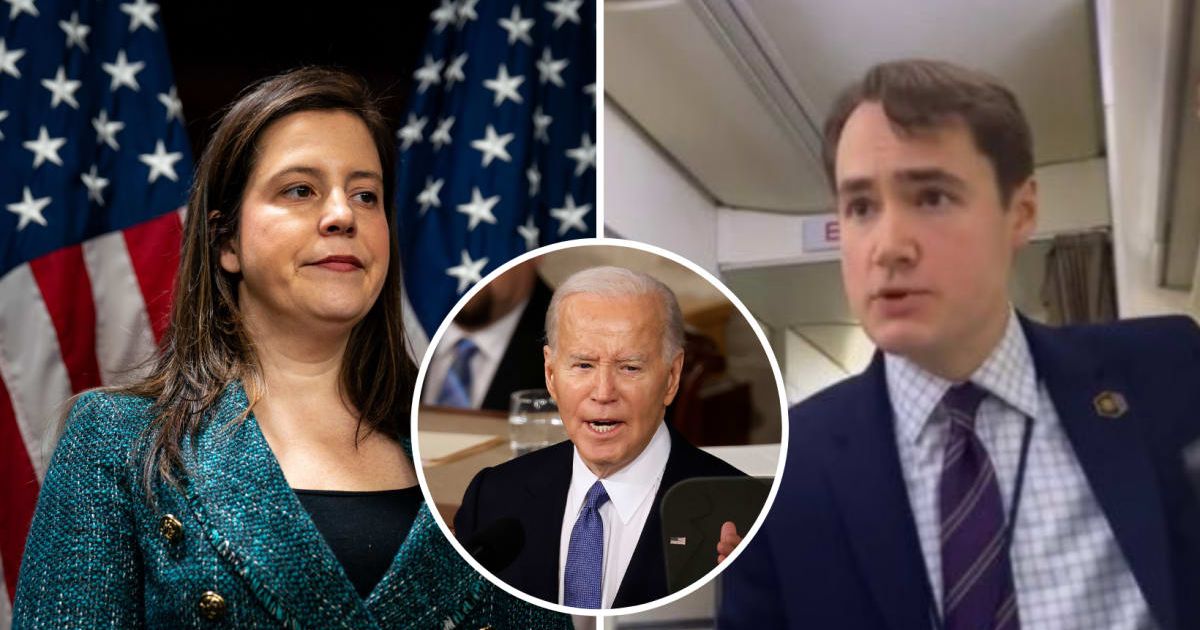 White House spokesperson Andrew Bate slammed Elise Stefanik after she blasted Joe Biden during her address to the Israeli parliament (Getty Images, @AndrewJBates46/ X)