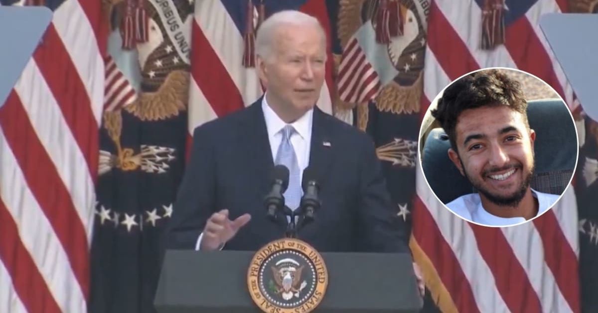 Joe Biden faced backlash for saying that Hersh Goldberg-Polin (inset), who has been abducted by Hamas, is ‘here with us today’ during the Rose Garden Party (@RNCResearch/X, @AvivaKlompas/X)
