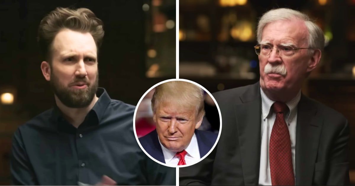 Jordan Klepper questions John Bolton about the extent of America's predicament if Trump wins again in 'Jordan Klepper Fingers the Pulse: Moscow Tools' (The Daily Show; Getty Images)