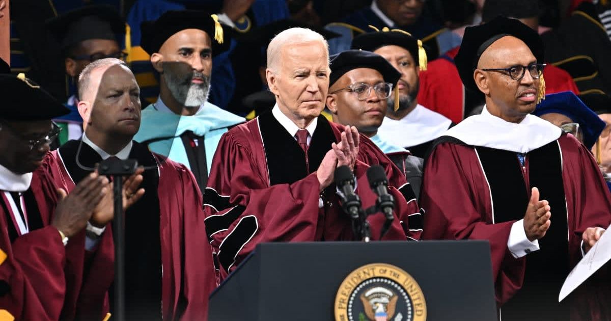 President Joe Biden stands onstage at the 140th Morehouse College Commencement Ceremony on May 19, 2024 in Atlanta, Georgia (Paras Griffin/WireImage via Getty Images)