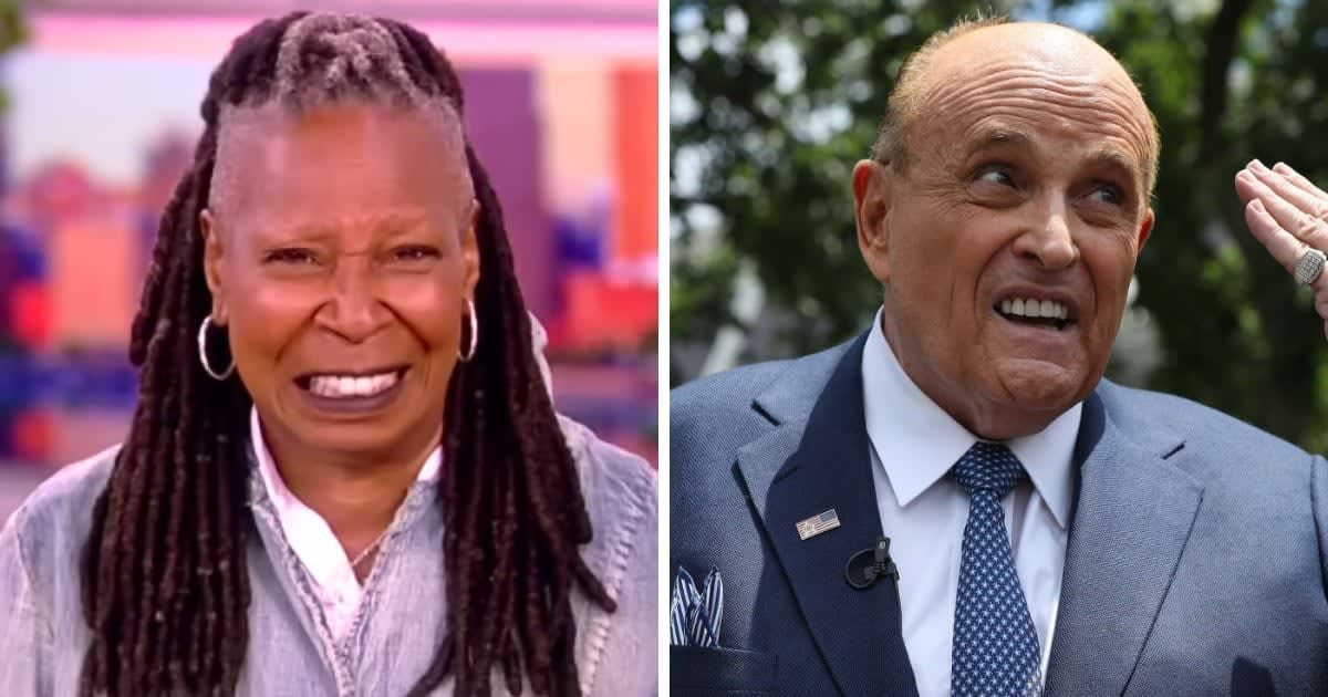 Whoopi Goldberg fake sobs for Rudy Giuliani after he was served indictment papers on his birthday (ABC, Getty Images)