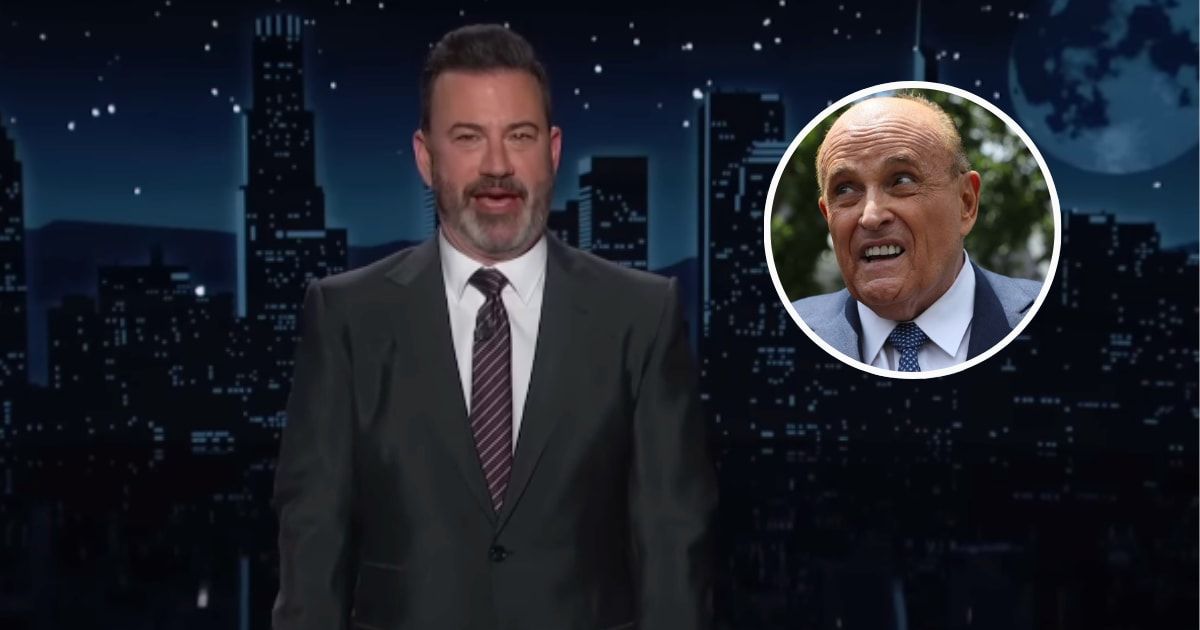 Jimmy Kimmel was very amused that Rudy Giuliani was served with Arizona indictment papers during his birthday party in Florida (JimmyKimmelLive/Youtube; Getty Images)