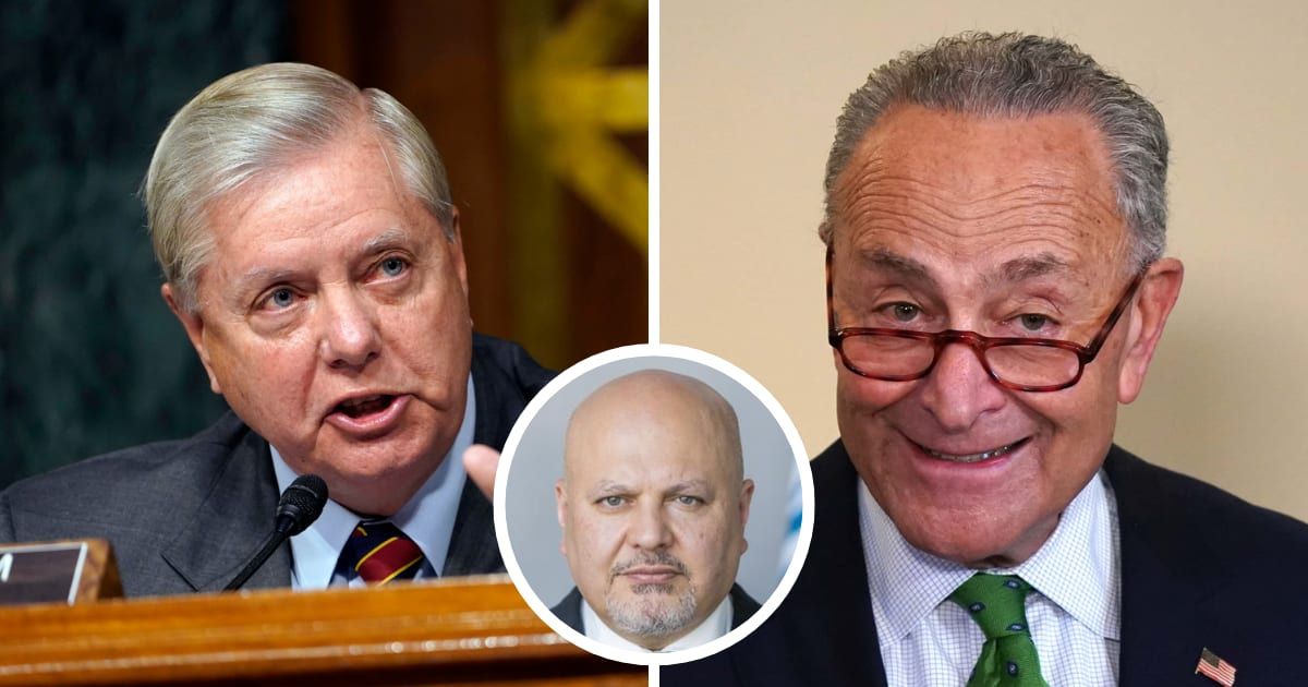 Lindsey Graham and Chuck Schumer's (R) calls for sanctions against the ICC came after its lead prosecutor Karim Khan (inset) announced arrest warrants for top Israeli leaders (Getty Images, ICC/Website)