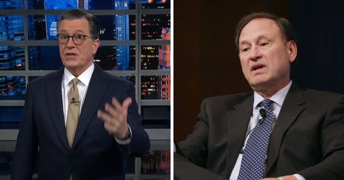 Stephen Colbert criticised Samuel Alito's explanation for flying an upside-down American flag outside his home (The Late Show with Stephen Colbert/Getty)