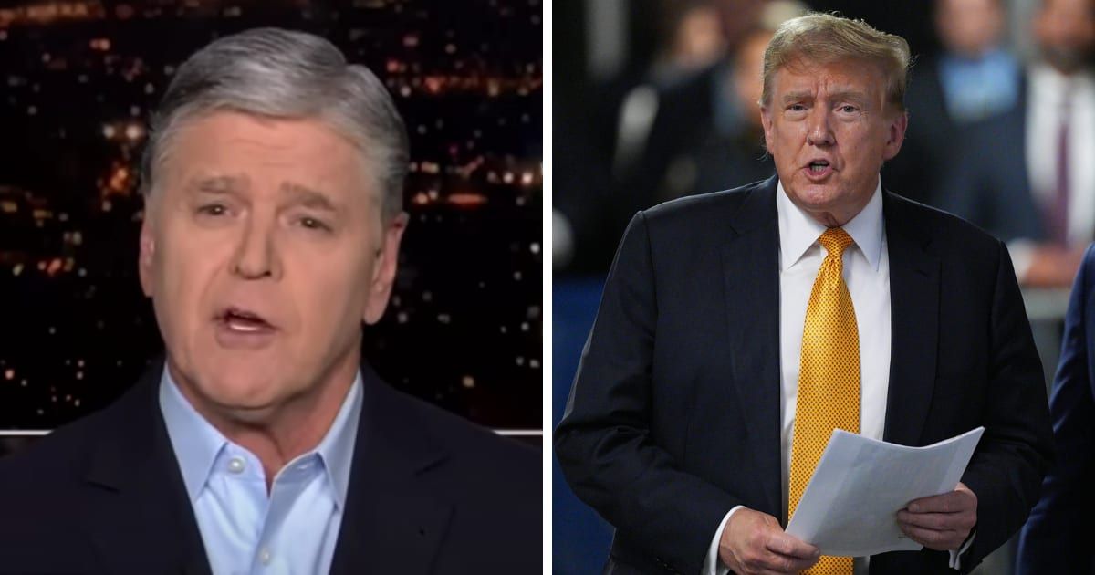 Sean Hannity staunchly defended Donald Trump, questioning the fairness of the ongoing legal proceedings (Screenshot from YouTube/ Fox News and Curtis Means-Pool/Getty Images)