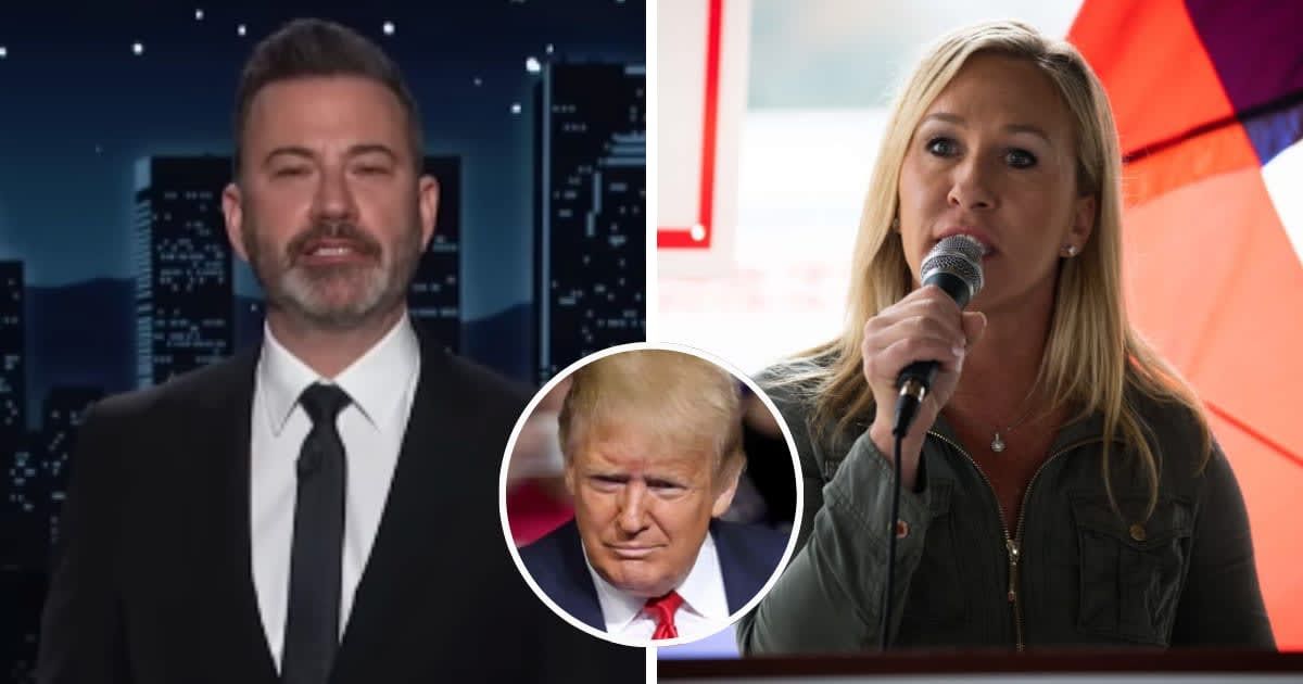 Jimmy Kimmel criticized Marjorie Taylor Greene's interpretation of FBI rules for classified documents at Trump's estate (JimmyKimmelLive/Youtube, Getty Images)