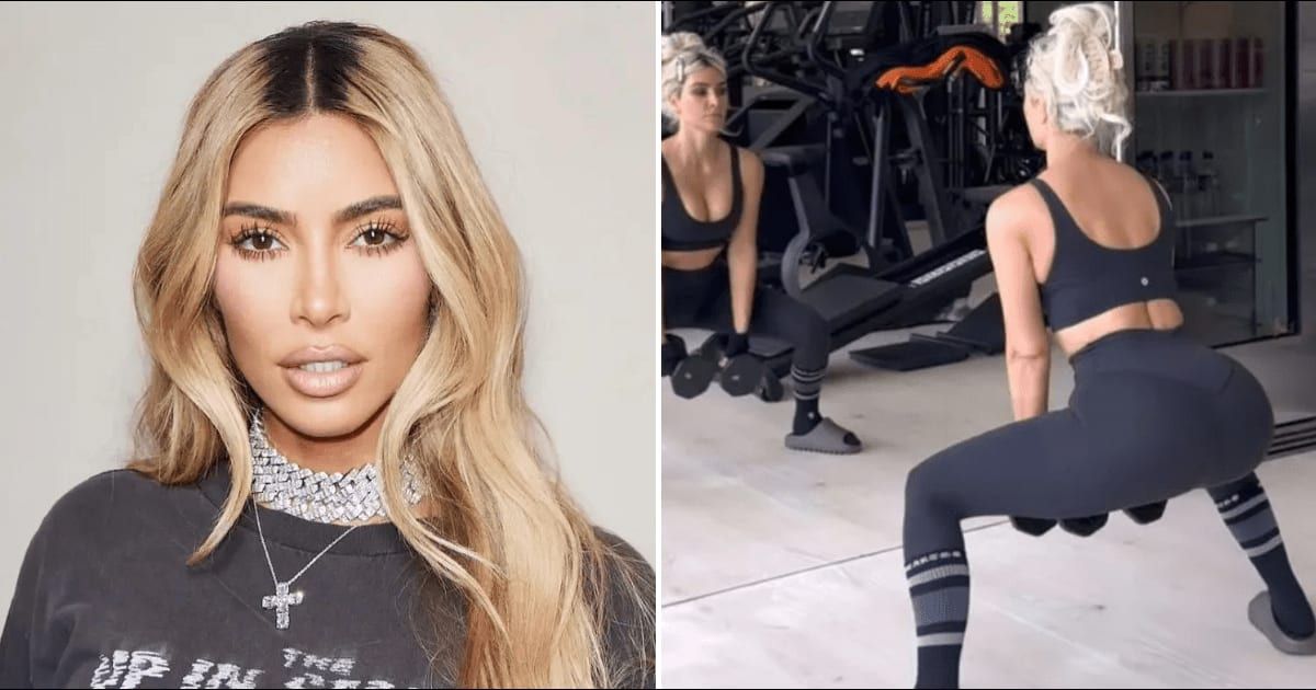 Kim Kardashian has been now accused of faking her workout session in home gym over her choice of footwear (@kimkardashian/Instagram) 