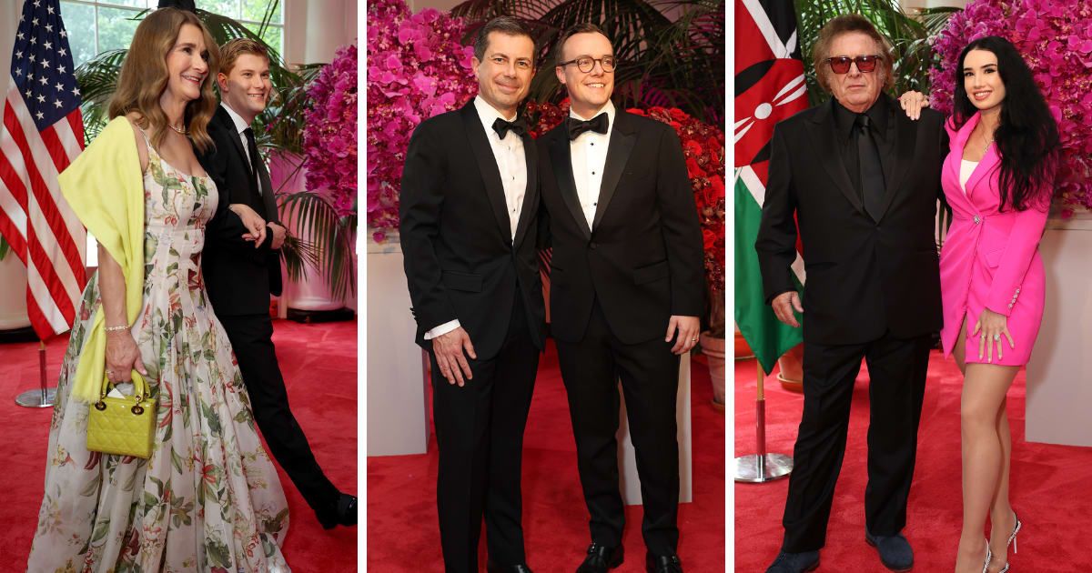 (L-R) Melinda French Gates with son Rory Gates, Pete Buttigieg with husband Chasten Glezman, and Don McLean with girlfriend Paris Dunn radiated elegance and grace at the State Dinner (Getty Images)