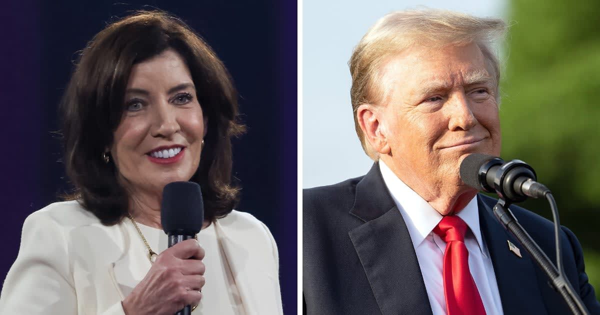 Kathy Hochul referred to Donald Trump's supporters who gathered at his Bronx rally as 'clowns' (Kevin Kane/Getty Images for Robin Hood and Steven Ferdman/GC Images)