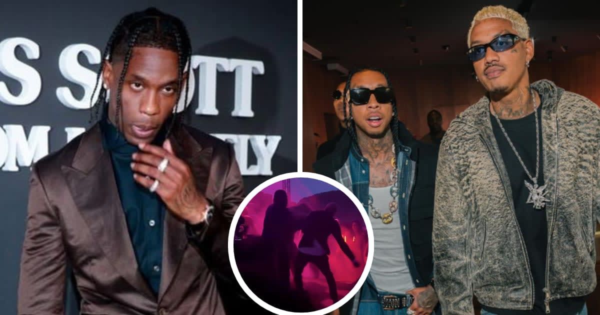 Travis Scott got agitated as party host gave Tyga and Alexander 'AE' Edwards a shoutout (Getty Images, @ae4president/Instagram, @Kurrco/X)
