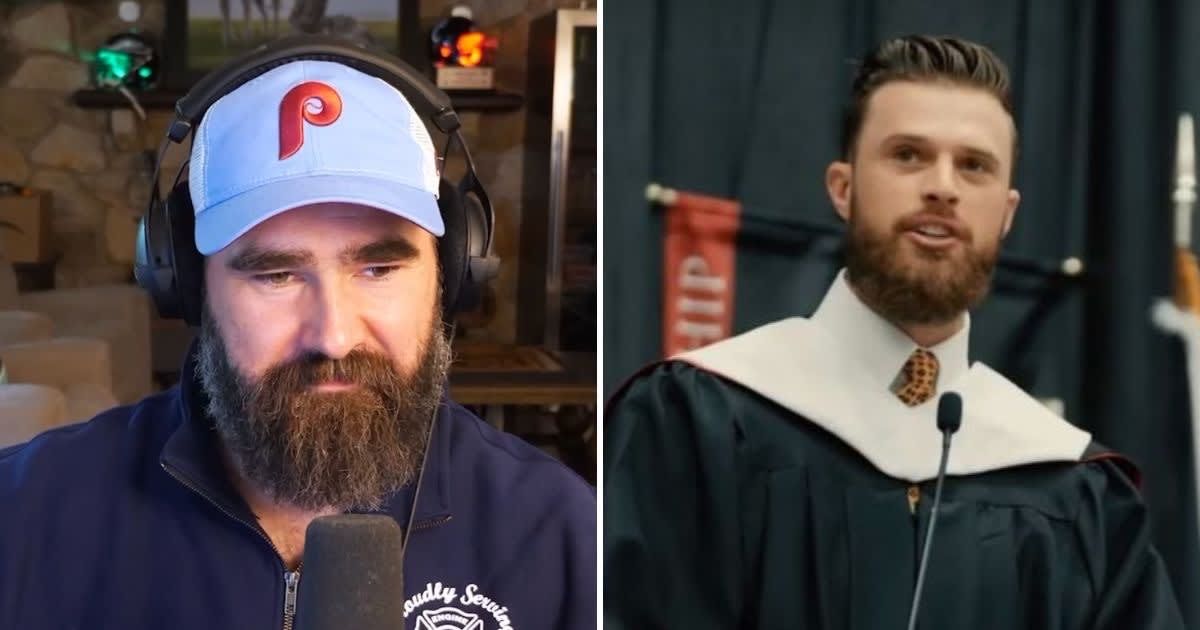 Jason Kelce reacts to Harrison Butker's controversial commencement speech (@newheiightspodcast/Instagram, Benedictine College/YouTube)