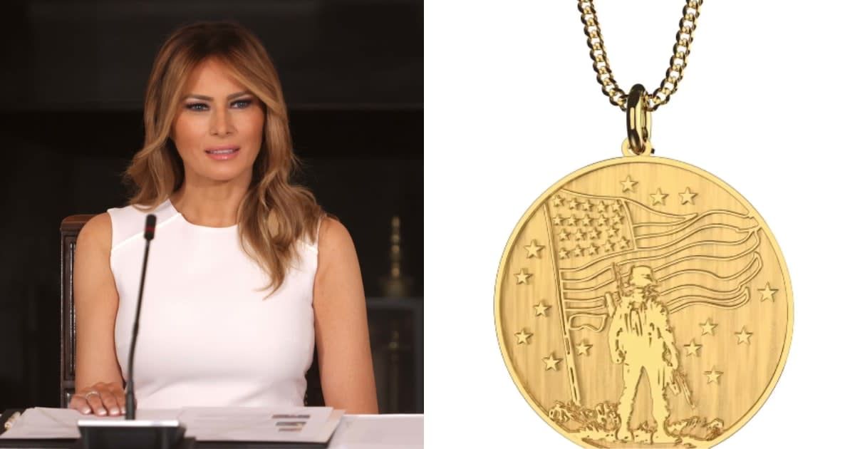 Melania Trump has been slammed online for promoting a piece of jewelry with a pendant from the USA Memorabilia collection (Getty Images, @melaniatrump/Instagram)