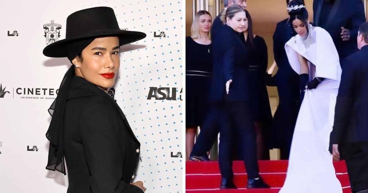 Massiel Taveras pushed away security personnel on Cannes red carpet (Getty Images, screengrab/@ViralThingz/X)