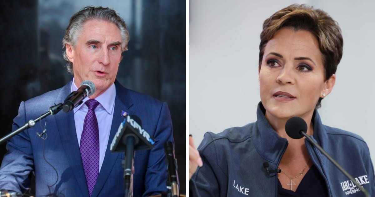 (L-R) Doug Burgum extended his 'complete and total endorsement' to Kari Lake in the Arizona Senate race (Doug Burgum/Facebook, Getty Images)