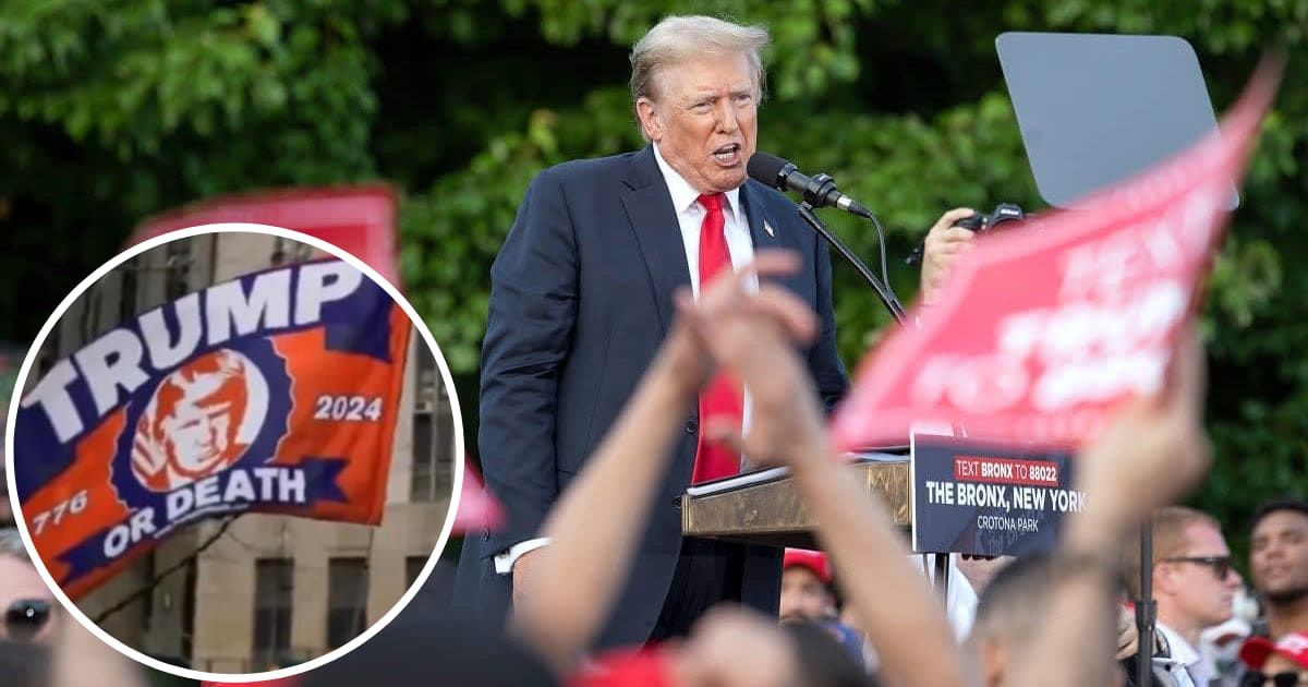 Donald Trump shared a video on his social media platform Truth Social on Thursday, May 23, depicting the controversial 'Trump or Death' flag being waved (Getty Images, Donald Trump/Truth Social)